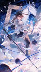  1girl absurdres amiya_(arknights) amiya_(guard)_(arknights) amiya_(guard)_(in_a_myriad_of_universes)_(arknights) animal_ears arknights asymmetrical_footwear black_boots black_hat black_skirt blue_eyes blue_ribbon boots brown_hair chinese_commentary closed_mouth commentary_request earrings ears_through_headwear floating floating_object floating_ribbon foot_on_weapon full_body gauntlets hat highres holding holding_sword holding_weapon jewelry linghuizi long_hair looking_at_viewer mismatched_footwear paper picture_frame procreate_(medium) rabbit_ears rabbit_girl ribbon shirt single_gauntlet skirt sky smile solo sparkle standing star_(sky) starry_sky sword weapon white_shirt 