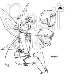  1boy absurdres alternate_costume antenna_hair basil_(faraway)_(omori) basil_(omori) blush character_name closed_mouth commentary double-parted_bangs earrings english_commentary fairy fairy_wings greyscale grin hair_between_eyes highres jewelry krerue male_focus monochrome omori open_mouth pointy_ears short_hair sidelocks smile solo speech_bubble sunny_(omori) teeth thought_bubble wings 