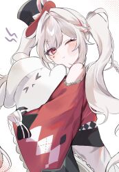  1girl bare_shoulders black_gloves bow butterfly-shaped_pupils clothing_cutout commentary_request cowboy_shot diamond_(shape) diamond_facial_mark diamond_on_cheek facial_mark gloves hat heart heart_facial_mark heart_on_cheek highres honkai:_star_rail honkai_(series) hug long_hair mark_under_both_eyes mini_hat mini_top_hat multicolored_hair one_eye_closed red_eyes red_hair red_streaks shoulder_cutout solo sparkle_(honkai:_star_rail) sparxie_(honkai:_star_rail) streaked_hair symbol-shaped_pupils top_hat twintails white_hair x8n2h 