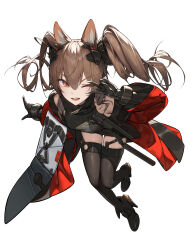  1girl :d absurdres angelina_(arknights) animal_ear_fluff animal_ears arknights arknights:_endfield black_boots black_dress black_thighhighs boots bracelet breasts brown_hair coat commentary dot_nose dress floating_clothes floating_hair fold-over_boots fox_ears fox_girl full_body gilberta_(arknights) headpiece high_collar highres infection_monitor_(arknights) jewelry leaning_forward long_hair long_sleeves looking_at_viewer medium_breasts off_shoulder one_eye_closed open_clothes open_coat orange_eyes red_coat seele_se short_dress simple_background skindentation sleeveless sleeveless_dress smile solo teeth thigh-highs thighs twintails upper_teeth_only v v-shaped_eyebrows v_over_eye white_background zettai_ryouiki 
