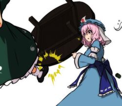  2girls black_shoes blue_hat blue_kimono chabudai commentary_request flying_sweatdrops frilled_skirt frills green_skirt hat hitodama japanese_clothes kicking kimono konpaku_youmu konpaku_youmu_(ghost) long_sleeves mary_janes mob_cap monadmandara multiple_girls pink_hair print_skirt saigyouji_yuyuko shoes simple_background skirt sleeve_garter socks surprised sweatdrop table touhou triangular_headpiece white_background white_socks wide_sleeves 