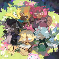  2boys 3girls adjusting_clothes armor bare_arms berry black_hair black_jacket black_pants black_shoes blonde_hair blue_eyes blush_stickers braid brooch brown_capelet brown_robe cape capelet chinese_commentary chis74 cloak closed_eyes closed_mouth collared_capelet collared_cloak colored_eyelashes commentary_request cookie_run cookie_run:_kingdom cup dark-skinned_female dark-skinned_male dark_cacao_cookie dark_skin double_bun dress facial_mark field flower flower_field forehead_mark four-pointed_star gloves golden_cheese_cookie green_cloak green_dress grey_hair hair_bun hair_flower hair_ornament happy heterochromia high_collar highres holding holding_cup holding_pole holding_staff holding_sword holding_weapon hollyberry_cookie jacket jewelry lily_(flower) long_dress long_eyelashes long_hair long_sleeves low_ponytail multicolored_hair multiple_boys multiple_girls one_eye_closed pants pauldrons pink_dress pink_eyes pink_flower pink_gloves pink_hair pole polearm ponytail pure_vanilla_cookie reading robe shield shield_on_back shoes short_hair shoulder_armor single_braid sitting smile spear staff star_(symbol) star_facial_mark sword tree two-tone_hair under_tree usekh_collar very_long_hair violet_eyes weapon white_cape white_flower white_hair white_lily_cookie wide_sleeves yellow_eyes 