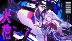  1girl butterfly-shaped_pupils clothing_cutout commentary crt diamond_(shape) diamond_facial_mark diamond_on_cheek english_commentary english_text facial_mark hat hat_ornament heart heart_facial_mark heart_on_cheek highres honkai:_star_rail honkai_(series) legs mao_(expuella) mark_under_both_eyes mini_hat mini_top_hat mixed-language_text open_mouth pink_eyes rabbit_ear_headwear rabbit_hat_ornament shoulder_cutout smile solo sparkle_(honkai:_star_rail) sparxie_(honkai:_star_rail) static symbol-shaped_pupils television thighs top_hat translation_request white_hair 