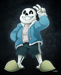  1boy 2015 2d arm_up artist_name black_background black_shorts blue_jacket commentary digital_media double_vertical_stripe drawstring english_commentary full_body gradient_background grey_shirt grey_slippers hand_in_pocket hollow_eyes hood hood_down hooded_jacket humanoid jacket loihtuja long_sleeves male male_focus male_only monster monster_boy open_clothes open_jacket sans_(undertale) shirt shorts simple_background skeleton slippers solo standing striped_shorts teeth undead undertale utdr_(toby_fox) v vertical-striped_clothes vertical-striped_shorts white_hood white_stripes 