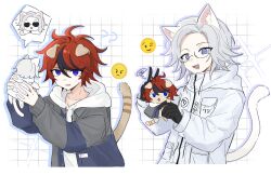  2boys :d ? ?? ahoge animal animal_ears animalization aotsuki_eito black_gloves black_streaks blue_eyes breast_pocket cat cat_boy cat_ears cat_tail chinese_commentary collarbone commentary_request dual_persona emoji glasses gloves grey_hair grey_jacket highres holding holding_animal holding_cat hood hoodie jacket jacket_over_hoodie kemonomimi_mode male_focus multicolored_hair multiple_boys open_clothes open_jacket pocket red_hair short_hair smile spoken_character streaked_hair sumino_takumi tail the_hundred_line_-last_defense_academy- two-tone_hair utopian0726 violet_eyes white_background white_hoodie white_jacket 