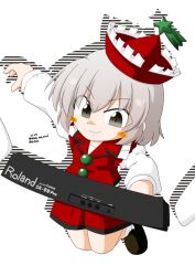  1girl arm_up black_shoes blush_stickers closed_mouth commentary_request crossed_bangs dated double-parted_bangs drop_shadow english_text green_trim grey_eyes grey_hair habu_takehiro hat highres instrument jumping legs_up logo long_sleeves lyrica_prismriver midair midi_keyboard music one-hour_drawing_challenge piano playing_instrument playing_piano puffy_long_sleeves puffy_sleeves red_hat red_shorts red_vest roland_(company) shirt shoes shooting_star_hat_ornament short_hair shorts simple_background smile socks solo touhou twitter_username v-shaped_eyebrows vest white_background white_shirt white_socks 
