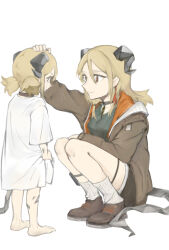  2girls age_comparison arknights barefoot black_choker black_horns black_shirt black_tail blonde_hair brown_eyes brown_jacket brown_shoes chinese_commentary choker closed_mouth commentary crying crying_with_eyes_open dual_persona earrings full_body hair_between_eyes hand_on_another's_head headpat highres horns ifrit_(arknights) jacket jewelry kneehighs long_sleeves looking_at_another medium_hair mei_wei_y_ba_de_heitang_sang multiple_girls profile shirt shoes short_hair simple_background smile socks squatting standing tail tears time_paradox white_background white_shirt white_socks 