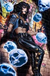  1girl absolute_dc against_wall black_bra black_eyeshadow black_gloves black_hair black_lips black_nails black_pants blue_jacket bra brick_wall cropped_jacket curly_hair dc_comics eyeshadow fingerless_gloves fishnet_top fishnets floating_skull gloves goth_fashion graffiti highres jacket leather leather_pants looking_at_viewer makeup markbrooksart pants shoulder_spikes skull solo spiked_jacket spikes underwear zatanna_zatara zatanna_zatara_(absolute_dc) 
