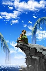  1boy 1girl :d absurdres adoptive_parent_and_adoptive_child animification barefoot bird black_shoes black_skirt blue_sky blunt_bangs brown_hair brown_pants cape child clouds commentary english_commentary family_bonding father_and_daughter from_side gingham_shirt glasses green_shirt highres juanaflippa long_hair long_skirt looking_up minecraft_youtube nature outdoors pants personification pointy_ears profile quackity_smp red_cape rock scenery shanuraru shirt shoes short_hair short_sleeves sitting sitting_on_lap sitting_on_person skirt sky sleeves_rolled_up slimecicle smile water wide_shot yellow_shirt 