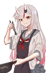  1girl :t absurdres apron black_apron cokei commentary hair_between_horns highres holding hololive horn_ornament horns long_hair looking_at_viewer multicolored_hair nakiri_ayame red_eyes red_hair short_sleeves simple_background skin-covered_horns solo virtual_youtuber white_hair 
