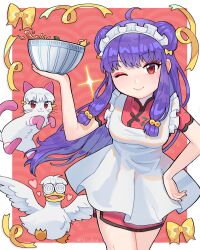  absurdres apron artist_name bird bow bowl cat chinese_clothes coke-bottle_glasses commentary dress dual_persona duck eyeshadow glasses hair_bow hand_on_own_hip heart highres holding holding_bowl looking_at_viewer maid_apron maid_headdress makeup mousse_(duck)_(ranma_1/2) nisuten one_eye_closed ranma_1/2 red_dress red_eyes shampoo_(cat) shampoo_(ranma_1/2) smile sparkle two-tone_fur untranslatable_commentary white_apron white_fur yellow_bow 
