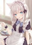  1girl animal_ear_fluff animal_ears apron arm_support black_dress black_hairband blue_bow bow braid breasts center_frills collared_dress commentary_request cup day dress frilled_hairband frills grey_hair hair_bow hairband highres holding holding_teapot hoshi_(snacherubi) indoors long_hair on_floor original puffy_short_sleeves puffy_sleeves short_sleeves sitting small_breasts solo tail teacup teapot thigh-highs tray twin_braids very_long_hair waist_apron wariza white_apron white_legwear window wooden_floor wrist_cuffs 