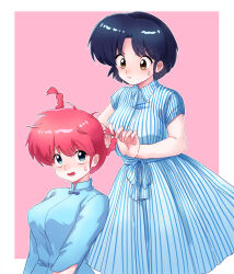  2girls blue_dress blue_eyes blue_hair braid closed_mouth commentary_request dress frown miyano68mamo multiple_girls pale_skin pink_background ranma-chan ranma_1/2 short_hair single_braid sweatdrop tendou_akane twin_braids v-shaped_eyebrows yellow_eyes 