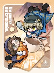  2girls :o ;d beret black_hat black_pants black_pantyhose blonde_hair blue_coat border brown_background brown_border brown_eyes brown_hair brume_(reverse:1999) celia_(reverse:1999) chibi coat coffee croissant cup different_reflection dog-san dress falling felicienne_(reverse:1999) flower food french_text glasses hair_flower hair_ornament halftone halftone_background hat highres holding holding_food holding_spoon looking_at_another multiple_girls newsboy_cap one_eye_closed open_mouth outside_border oversized_food oversized_object oversized_spoon pants pantyhose purple_dress purple_hat reflection reverse:1999 round_eyewear shirt short_hair smile spoon white_flower white_shirt yellow_eyes 