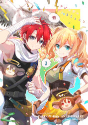  1boy 1girl absurdres adol_christin amano_toshi anniversary armor artist_collaboration bird black_shirt blonde_hair blue_eyes brown_skirt commentary_request cosplay costume_switch cropped_jacket crossover eiyuu_densetsu estelle_bright estelle_bright_(cosplay) grey_eyes highres joshua_bright joshua_bright_(cosplay) karja_balta pauldrons red_hair scarf shirt shoulder_armor single_pauldron skirt smile sora_no_kiseki twintails white_scarf willfin ys ys_x:_nordics 