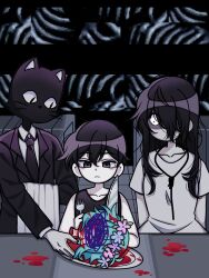  1girl 2boys animal_ears basil_(headspace)_(omori) basil_(omori) black_eyes black_hair black_necktie black_suit black_tank_top blood cat_boy cat_ears closed_mouth collarbone colored_skin commentary double-parted_bangs dress english_commentary expressionless fork furry furry_male hair_between_eyes hellmari_(omori) highres holding holding_fork holding_knife implied_decapitation knife long_hair long_sleeves looking_at_another multiple_boys necktie noose omori omori_(omori) plate reii163 short_hair suit tank_top white_dress white_skin 