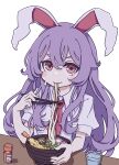  1girl absurdres animal_ears blush_stickers chopsticks closed_mouth collared_shirt cup drinking_glass eating food hair_between_eyes highres holding holding_chopsticks kame_(kamepan44231) light_purple_hair long_hair necktie noodles rabbit_ears red_eyes red_necktie reisen_udongein_inaba shirt short_sleeves simple_background solo touhou udon water white_background white_shirt 