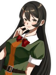  1girl arm_behind_back belt black_hair blush bow breasts brown_eyes chikuma_(kancolle) closed_mouth commentary_request dress green_dress hair_between_eyes highres kantai_collection large_breasts long_hair looking_at_viewer red_bow short_sleeves sidelocks simple_background solo tonegawa_manjirou upper_body very_long_hair white_background 