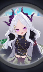  1girl absurdres ahoge armband arms_behind_back belt black_belt black_boots black_coat black_skirt black_thighhighs blue_archive blue_sky blurry boots buttons clouds cloudy_sky coat coat_on_shoulders commentary_request demon_girl demon_horns demon_wings depth_of_field emergency_exit exit_sign fisheye forehead from_above full_body fur-trimmed_coat fur_trim hair_ornament hairclip halo head_tilt highres hina_(blue_archive) horns knee_boots liu_qi_seis long_hair long_sleeves looking_at_viewer looking_up military_uniform multicolored_halo open_clothes open_coat outdoors parted_bangs pov red_armband sam_browne_belt side_slit sidelocks skirt sky solo standing thigh-highs two-tone_halo violet_eyes wavy_hair white_hair wings zettai_ryouiki 