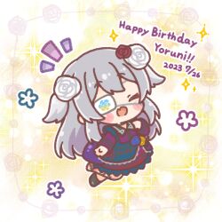  1girl :d black_boots blue_dress blue_flower blue_rose blush_stickers boots chibi closed_eyes commentary_request copyright_request dated dress eyepatch facing_viewer fang floral_print flower grey_hair hair_flower hair_ornament hand_up happy_birthday highres long_sleeves mitarashi_neko notice_lines red_flower red_rose rose smile solo sparkle two_side_up virtual_youtuber white_flower white_rose yellow_flower yellow_rose 