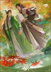  2boys autumn autumn_leaves bindi black_hair black_hanfu border brown_border chinese_clothes closed_mouth coat curtained_hair dutch_angle floating_paper folded_fan folding_fan foreshortening from_below full_body green_border green_eyes half_updo hand_fan hanfu highres holding holding_fan holding_hands layered_sleeves leaf leaf_on_liquid light_particles lingjing_mxtx long_hair long_sleeves looking_at_another luo_binghe male_focus maple_leaf multiple_boys outdoors paper_stack parted_bangs parted_lips pond red_eyes renzha_fanpai_zijiu_xitong ribboned_xiao_guan ripples shen_qingqiu sidelocks standing straight_hair tree very_long_hair white_coat wide_sleeves wolf_cut zuiyin 
