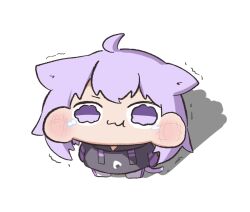  1girl :3 ahoge animal_ears cat_ears cat_girl cat_tail chibi commentary_request earl_grey_no_chaba full_body hololive hood hoodie looking_at_viewer nekomata_okayu nekomata_okayu_(1st_costume) purple_hair simple_background solo tail violet_eyes virtual_youtuber 