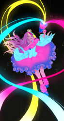  1girl :d absurdres batikky black_background blonde_hair blue_hair blue_jacket blue_shoes blue_skirt brown_hair buttons commentary_request crown film_grain frilled_jacket frilled_skirt frills full_body galaco galaco_(white) gold_crown gradient_clothes gradient_skirt halftone highres holding holding_megaphone jacket jewelry kneehighs light_particles long_hair long_sleeves looking_up loose_socks making-of_available mary_janes megaphone mini_crown multicolored_hair necklace off-shoulder_jacket off_shoulder open_mouth pink_eyes pink_skirt pink_socks red_hair shoes simple_background skirt smile socks solo streaked_hair tongue triangle twitter_username two-tone_skirt very_long_hair vocaloid wide_sleeves 