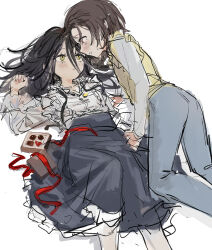  2girls black_hair black_skirt blush box box_of_chocolates brown_eyes brown_hair commentary_request eye_contact frilled_shirt frills highres kamisaki_hikaru long_hair long_sleeves looking_at_another lying medalist_(manga) multiple_girls on_back oumi_hrak_npr pants parted_lips shirt short_hair skirt teeth white_background white_shirt yellow_eyes yellow_shirt yuitsuka_inori yuri 