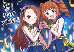  2girls :d ;) absurdres bare_shoulders blue_eyes blue_shirt blue_skirt blue_wrist_cuffs blunt_bangs blurry blurry_background blush bow brown_eyes brown_hair buttons closed_mouth commentary_request cowboy_shot create_festival_(idolmaster) double-breasted drill_hair forehead frilled_skirt frills hair_bow hand_up happy highres idol idol_clothes idolmaster idolmaster_(classic) idolmaster_million_live! idolmaster_million_live!_theater_days long_hair looking_at_viewer medium_hair minase_iori multiple_girls official_alternate_costume ok_sign ok_sign_duo one_eye_closed open_mouth orange_hair parted_bangs pleated_skirt shirt sizmaru11 skirt sleeveless sleeveless_shirt smile split_mouth striped_bow takatsuki_yayoi tareme translation_request twin_drills twintails two-tone_shirt very_long_hair white_shirt wrist_cuffs 