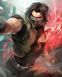  1boy black_shirt blurry blurry_background brown_eyes brown_hair bucky_barnes captain_america_(series) commentary english_commentary eye_trail gloves green_vest grey_pants highres incoming_attack incoming_punch knee_pads light_trail looking_to_the_side male_focus marvel marvel_rivals mask medium_hair motion_blur mouth_mask muscular muscular_male noush pants parted_hair prosthesis prosthetic_arm punching shirt single_glove solo vest winter_soldier 