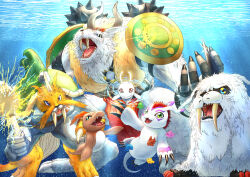  6+boys :3 antennae armor blue_eyes body_fur bubble claws commentary day digimon digimon_(creature) digimon_adventure electricity evolutionary_line facial_mark fangs fish flippers gomamon green_eyes hammer highres holding holding_hammer holding_weapon horns ikkakumon looking_at_viewer mace multiple_boys muscular muscular_male no_humans open_mouth orange_hair pelt pitchmon pukamon sharp_teeth shell shoulder_armor single_horn smile sparkle spiked_mace spikes swimming teeth tusks underwater veins vikemon war_hammer water weapon white_fur wrongscale zudomon 