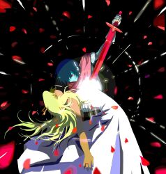  1girl 1other antlers blonde_hair blue_hair blue_skin closed_eyes colored_skin commentary deer_antlers deer_girl deltarune dress furry furry_female gauntlets hashtag-only_commentary highres holding holding_sword holding_weapon horns hudie12348 human_scabbard jewelry kris_(dark_world)_(deltarune) kris_(deltarune) long_hair mole mole_under_mouth noelle_holiday noelle_holiday_(dark_world) petals red_eyes red_petals ring sleeveless sleeveless_dress sword utdr_(toby_fox) weapon white_dress 