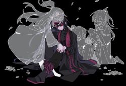  4boys arm_wrap bandage_over_one_eye black_background black_boots black_hair black_hanfu black_pants boots chinese_clothes chinese_commentary closed_mouth coat commentary_request falling_petals flower frown full_body ghost hanfu head_on_own_shoulder high_ponytail highres hong_lu_(project_moon) hongyuan_(identity)_(project_moon) knee_up limbus_company long_hair long_sleeves male_focus multiple_boys own_hands_together pants petals ponytail project_moon red_bandage rope_belt satelinknot shirt simple_background sitting stole teardrop turtleneck xiao_guan_(headdress) 