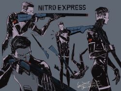  1boy adler_(signalis) android black_hair blue_eyes dated full_body fune_(nkjrs12) grey_background gun hand_on_own_shoulder highres holding holding_gun holding_weapon male_focus multiple_views rifle short_hair signalis signature simple_background standing weapon 