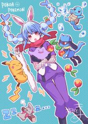  :o :t absurdres animal_ear_fluff animal_ears black_boots black_gloves blue_hair blush boots braid carrot_hair_ornament closed_eyes closed_mouth commentary_request crossover ditto don-chan_(usada_pekora) fishnet_sleeves fishnets floating_hair food-themed_hair_ornament gloves hair_between_eyes hair_ornament highres hololive kiritoma layered_sleeves lightning_bolt_symbol long_sleeves multicolored_hair ninja open_mouth outline pants pikachu pokemon pokemon_(creature) pokemon_pokopia polka_dot polka_dot_background purple_pants rabbit-shaped_pupils rabbit_ears red_eyes red_scarf riolu scarf short_eyebrows short_over_long_sleeves short_sleeves sleeping squirtle symbol-shaped_pupils thick_eyebrows timburr twin_braids twintails two-tone_hair usada_pekora virtual_youtuber water white_hair white_outline zzz 