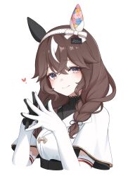 1girl absurdres animal_ears astra_chichi asymmetrical_gloves black_gloves blush braid brown_eyes brown_hair capelet character_name closed_mouth crossed_bangs curren_bouquetd'or_(umamusume) dress elbow_gloves gloves hair_between_eyes hairband highres horse_ears horse_girl long_hair looking_at_viewer low_twin_braids mismatched_ear_covers mismatched_gloves mixed-language_commentary multicolored_hair simple_background solo steepled_fingers streaked_hair twin_braids umamusume white_background white_capelet white_dress white_gloves white_hairband white_streaks 
