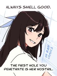  1girl artist_name bright_pupils brown_eyes brown_hair commentary english_commentary english_text grin highres long_hair looking_at_viewer okbahcomics original shirt sidelocks smile solo tile_wall tiles white_pupils white_shirt 
