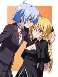  1boy 1girl absurdres ahoge ayasaki_hayate blonde_hair blue_hair breasts dress drill_hair hayate_no_gotoku! highres long_hair looking_at_another lostorder red_eyes tennousu_athena 