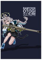  1girl absurdres ahoge alternate_costume animal_ears anti-materiel_rifle barrett_m82 bike_shorts bike_shorts_under_skirt black_skirt blue_archive character_name fox_ears full_body green_halo gun halo highres holding holding_gun holding_weapon jacket long_braid long_hair melissa_v2 otogi_(blue_archive) rifle skirt sniper_rifle solo weapon white_jacket 