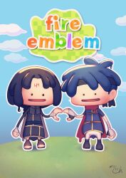  2boys black_hair blue_hair commentary_request copyright_name ditto facial_mark fire_emblem fire_emblem:_path_of_radiance forehead_mark headband highres ike_(fire_emblem) male_focus mochi88543 multiple_boys outdoors pokemon pokemon_pokopia short_hair sky soren_(fire_emblem) transformed_ditto 