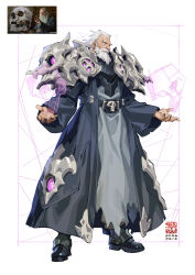  1boy absurdres armor artist_logo beard black_boots black_coat black_nails boots brown_eyes coat commentary dated facial_hair full_body hair_slicked_back highres inset_border julian_futanto logo long_sleeves looking_to_the_side magic male_focus nail_polish old old_man open_clothes open_coat original photo_inset reference_inset shoulder_armor skull skull_belt solo standing torn_clothes untranslatable_commentary white_background white_hair wide_sleeves wizard 