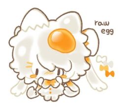  1girl animal_ears blush_stickers bomal1215 chibi chibi_only dress egg_(food) english_text food full_body lowres original personification short_hair simple_background solo standing white_background white_dress white_hair |_| 