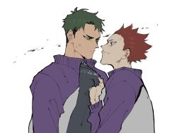  2boys anger_vein angry black_shirt closed_mouth clothes_grab commentary_request eye_contact grabbing_another's_shirt green_eyes green_hair haikyuu!! highres jacket looking_at_another male_focus multiple_boys purple_jacket red_hair shirt short_hair simple_background tendou_satori tkr_241 track_jacket twitter_username ushijima_wakatoshi white_background 