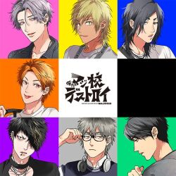 6+boys :3 adam's_apple adjusting_eyewear bags_under_eyes black-framed_eyewear black_eyes black_hair black_shirt black_sweater blonde_hair blonde_streaks blue_background brown_eyes choppy_bangs clothing_cutout collarbone collared_shirt column_lineup commentary_request copyright_name curtained_hair dark-skinned_male dark_skin ear_piercing earrings everyone eyelashes face_piercing fangs fingernails from_side furrowed_brow glasses green_background grey_background grey_hair grey_shirt grid_lineup gyaruo hair_between_eyes hair_over_one_eye hand_up head_tilt headphones headphones_around_neck hoop_earrings jewelry kaga_yukihiko layered_shirt light_frown lip_piercing lip_ring long_bangs looking_at_viewer looking_down looking_to_the_side male_focus medium_hair meguri_shun minase_tomo multicolored_hair multiple_boys multiple_necklaces multiple_piercings necklace niina_yuuki official_art ogeretsu_tanaka open_mouth orange_background orange_eyes orange_hair oretachi_majikou_destroy pale_skin parted_bangs parted_lips piercing pink_background portrait profile purple_background purple_hair scowl serisawa_jun shirt short_eyebrows short_hair sideways_glance silver_necklace simple_background slit_pupils smile streaked_hair suzushiro_miyu sweater swept_bangs thick_eyebrows tongue tongue_out v-shaped_eyebrows very_short_hair violet_eyes white_shirt yano_kisuke yellow_background 