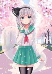  1girl absurdres alternate_costume black_hairband black_thighhighs blue_sky breasts cherry_blossoms closed_mouth commentary_request contemporary day falling_petals green_eyes green_sailor_collar green_skirt grey_hair hairband highres hitodama konpaku_youmu konpaku_youmu_(ghost) long_sleeves looking_at_viewer medium_hair neckerchief outdoors petals pink_petals pleated_skirt red_neckerchief reimei_(r758120518) sailor_collar sailor_shirt school_uniform shirt skirt sky small_breasts smile solo thigh-highs touhou tree white_shirt 