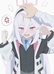  1boy 1girl anger_vein black_jacket black_skirt blazer blue_archive blue_necktie blush collared_shirt commentary_request cowboy_shot hair_between_eyes hairband halo headpat highres jacket kei_(blue_archive) long_hair long_sleeves looking_at_viewer multicolored_jacket necktie open_clothes open_jacket pleated_skirt ponono_desu pov pov_hands rectangular_halo red_eyes red_halo school_uniform sensei_(blue_archive) shirt sidelocks simple_background skirt spoken_anger_vein standing sweatdrop two-tone_jacket v-shaped_eyebrows white_background white_hair white_shirt 