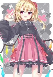  1girl alternate_costume black_shirt blonde_hair breasts collared_shirt commentary crystal crystal_wings fang flandre_scarlet hair_ornament hair_scrunchie highres long_hair long_sleeves looking_at_viewer multicolored_wings one_side_up open_mouth pink_skirt red_eyes scrunchie shirt skin_fang skirt small_breasts smile solo touhou uumaru w wings 