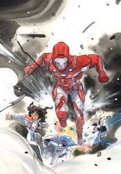  2boys 2girls america_chavez arc_reactor armor black_hair black_skirt blue_cape cape comic_cover commentary_request cover cover_page curly_hair dark-skinned_female dark_skin debris doctor_doom doom_2099 dust_cloud electricity electrokinesis fighting grey_armor helmet highres hood hood_up iron_lad iron_man_(series) looking_to_the_side marvel mask maystorm_(marvel) metal_mask multicolored_armor multiple_boys multiple_girls official_art painting_(medium) peach_momoko power_armor red_armor skirt superhero_costume textless_version traditional_media ultimate_x-men_(2024) watercolor_(medium) white_hair x-men young_avengers 