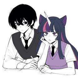  1boy 1girl animal_ears black_eyes black_hair black_necktie collared_shirt commentary drakefan92 english_commentary hime_cut horns horse_ears limbus_company long_hair multicolored_hair my_little_pony my_little_pony:_friendship_is_magic necktie open_mouth personification pink_hair project_moon purple_hair purple_sweater_vest shirt short_sleeves sidelocks single_horn streaked_hair sweater_vest twilight_sparkle unicorn very_long_hair white_shirt yi_sang_(project_moon) 