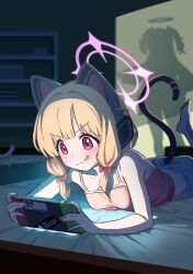  2girls :q absurdres alternate_costume animal_ear_headphones animal_ears blonde_hair blue_archive blush bow camisole cat_ear_headphones cat_ears commentary_request fake_animal_ears fake_tail hair_bow halo handheld_game_console headphones highres holding holding_handheld_game_console indoors leg_up low-tied_sidelocks lying millennium_science_school_logo momoi_(blue_archive) multiple_girls nintendo_switch ominous_shadow on_stomach pink_camisole pink_halo red_bow short_hair shorts sidelocks tail tanuk tongue tongue_out v-shaped_eyebrows white_shorts yuuka_(blue_archive) 